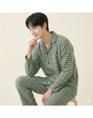 [보리보리] 바풀 SN 180053 남성 기모 수면잠옷 파자마세트 카라 보온잠옷 상하 긴체크그린