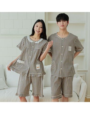 [보리보리] 남성 여성 커플 체크 잠옷 여름 파자마 신혼 부모님 시니어 국산 홈웨어 빅사이즈 디오