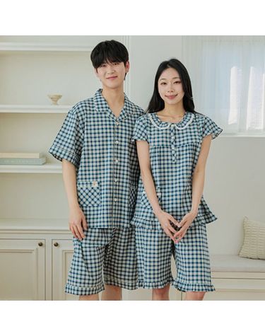[보리보리] 커플 체크 잠옷 남성 여성 빅사이즈 반팔 파자마 신혼 부모님 시니어 국산 홈웨어 포티