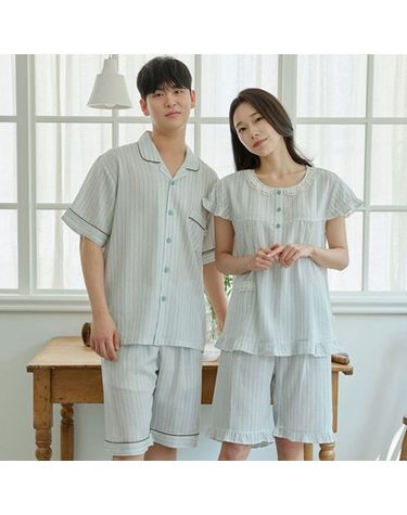 [보리보리] 핀 스트라이프 잠옷 커플 남성 여성 여름 반팔 파자마 신혼 부모님 시니어 선물 국산 홈웨어