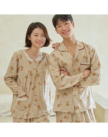 [보리보리] 리틀베어 커플 잠옷 체크 긴팔 남성 여성 신혼 국산 패밀리 곰돌이 파자마파티 선물