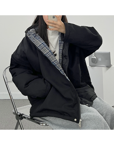 [보리보리] 누빔 체크 배색 후드 점퍼 2컬러