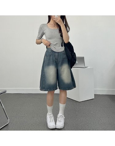 [보리보리] 제니 옆핀턱 워싱 버뮤다 데님 팬츠 3컬러