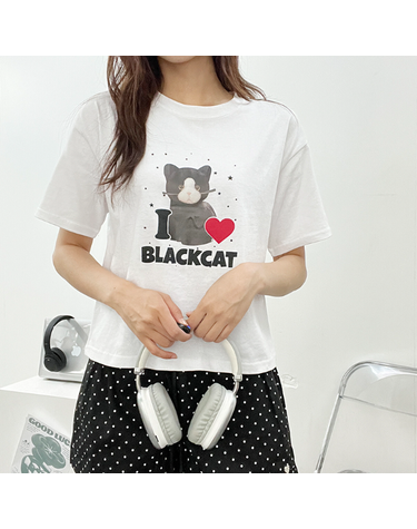 [보리보리] 블랙캣 하트 전사 반크롭 반팔티 여름 티셔츠 고양이 키치 걸리시 꾸안꾸 슬림핏 학생