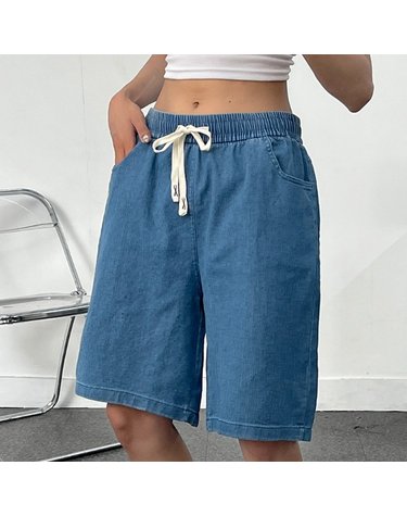 [보리보리] 말자수 데님 5부 반바지 여름 청 밴딩 자수 캐주얼 하프 빅사이즈 꾸안꾸 학생
