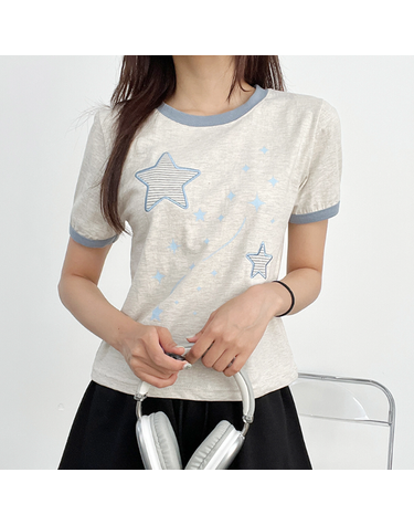 [보리보리] 나이트 스타 링거 배색 반팔티 여름 티셔츠 별프린팅 링거티 배색 빈티지 꾸안꾸 데일리