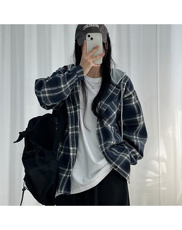 [보리보리] y2k 키치 후드 오버핏 체크 남방 2컬러 포켓 간절기 후드남방 가을남방 체크셔츠 학생남방