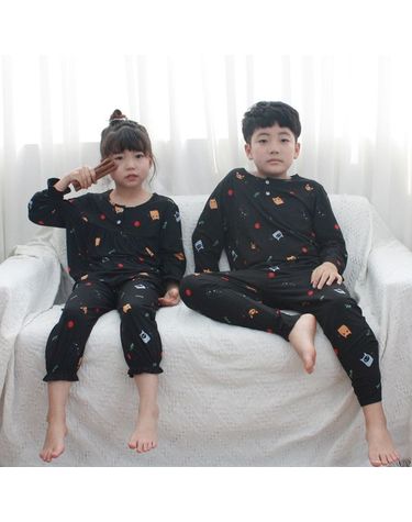 [보리보리] 냥냥이 아동 주니어 긴팔 학생 겨울 홈웨어 파자마 실내복 가을 보온 피치기모 9부 상하 잠옷 세트
