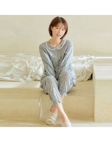 [보리보리] 찌니야 국내제작 여성잠옷 비쥬플라워 60수 순면 긴팔상하세트