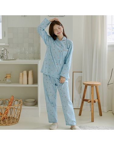 [보리보리] 찌니야 국내제작 여성잠옷 해피고양이 블루 40수 순면 긴팔상하세트