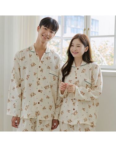 [보리보리] 찌니야 국내제작 커플잠옷 몽글곰 40수 순면 긴팔상하세트