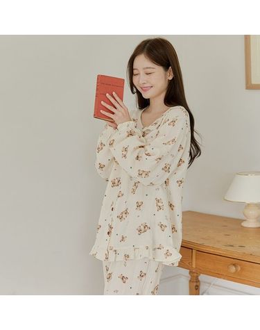 [보리보리] 찌니야 국내제작 여성잠옷 몽글곰 40수 순면 긴팔상하세트