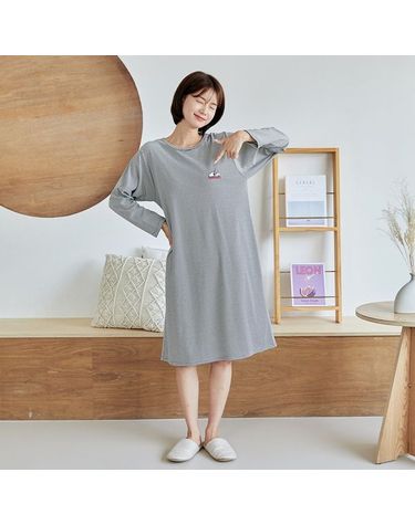 [보리보리] 찌니야 국내제작 여성잠옷 스트라이프 그레이 긴팔 원피스잠옷