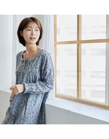 [보리보리] 찌니야 국내제작 여성잠옷 버디꽃 30수 개버딘 긴팔 원피스잠옷