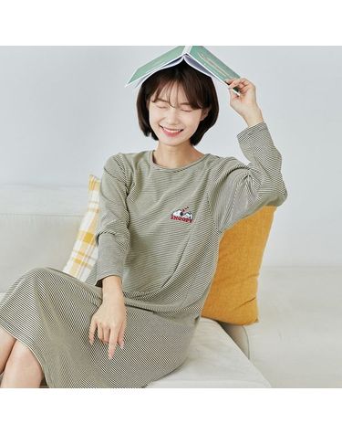 [보리보리] 찌니야 국내제작 여성잠옷 스트라이프 브라운 긴팔 원피스잠옷