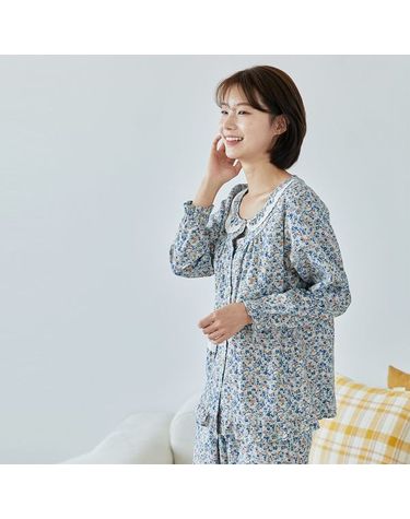 [보리보리] 찌니야 국내제작 여성잠옷 꽃나라블루 30수 개버딘 긴팔상하세트