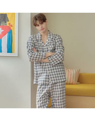 [보리보리] G클럽체크 남성 긴팔 약기모 면 잠옷 세트