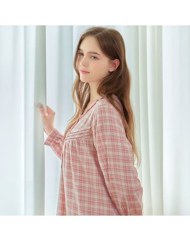 [보리보리] 아이스핑크 여성 긴팔 약기모 면 잠옷 원피스