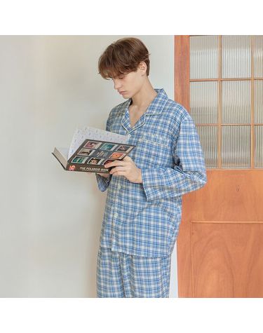 [보리보리] 아이스블루 남성 긴팔 약기모 면 잠옷 세트