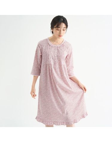 [보리보리] 핑크잔꽃 여성 7부 순면 잠옷 원피스