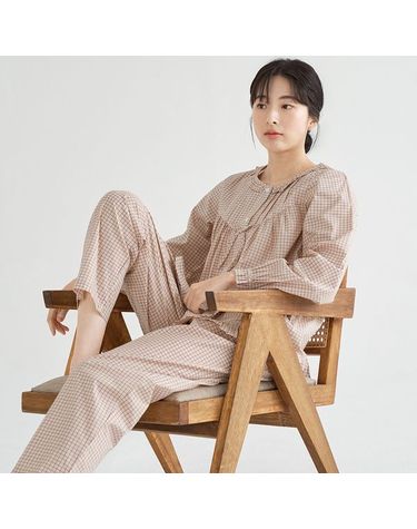 [보리보리] 베이지체크 여성 긴팔 순면 잠옷 세트