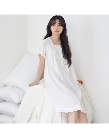 [보리보리] 화이트퓨어 스퀘어넥 여성 반팔 순면 잠옷 원피스