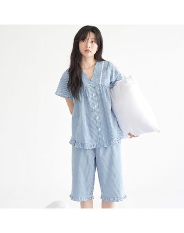 [보리보리] 블루ST V넥 여성 반팔 순면 잠옷 세트