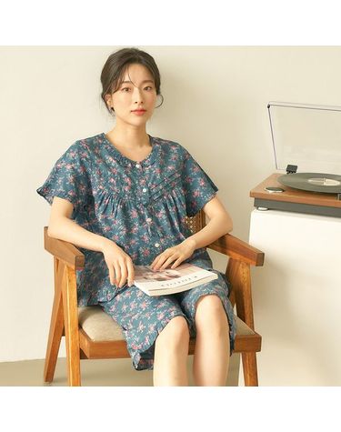 [보리보리] 진한그린꽃 여성 반팔 순면 잠옷 세트