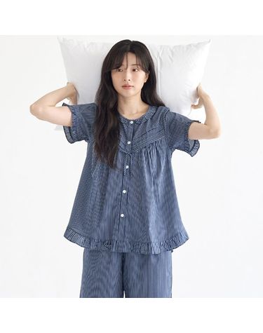 [보리보리] 네이비ST 여성 반팔 순면 잠옷 세트