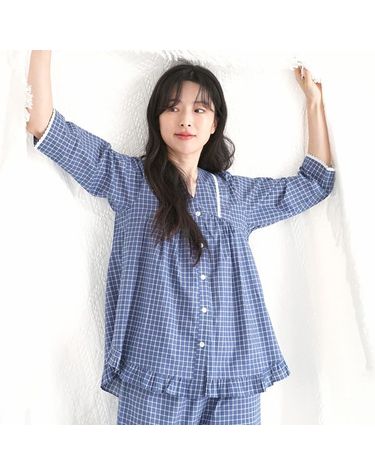 [보리보리] 페인체크 V넥 여성 7부 순면 잠옷 세트