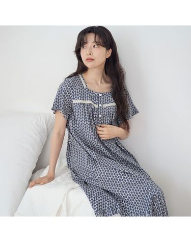[보리보리] 엔틱블루 스퀘어넥 여성 반팔 순면 잠옷 원피스