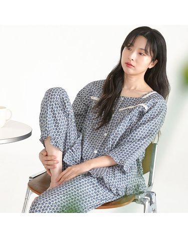 [보리보리] 엔틱블루 스퀘어넥 여성 7부 순면 잠옷 세트