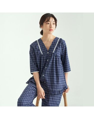 [보리보리] 윈도우체크 V넥 여성 7부 순면 잠옷 세트