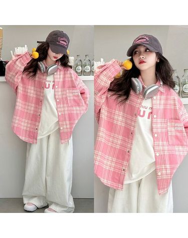 [보리보리]  여아 체리핑크 체크 셔츠 자켓