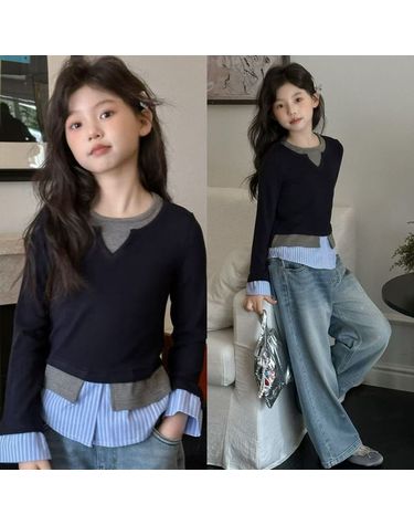 [보리보리]  블랙 레이어드 여아 셔츠 배색 티셔츠