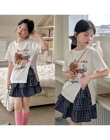 [보리보리]  키즈 여아 여름 반팔 트임 트임티셔츠 체크 치마 투피스