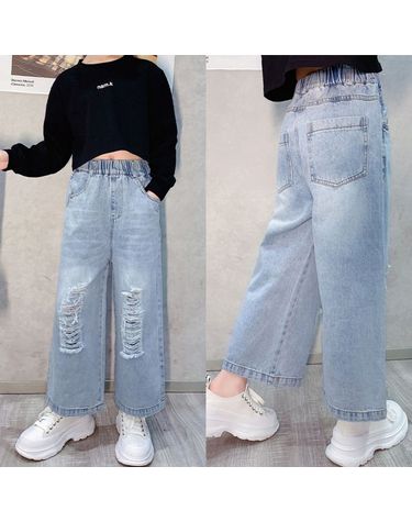 [보리보리]  여아 초등학생 찢청0619 봄가을 연청 아이스진 와이드 데님 청바지 단품