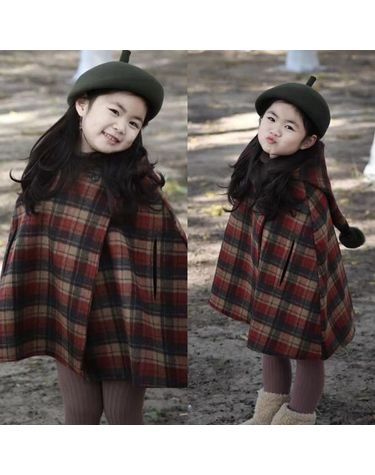 [보리보리]  여아 키즈 체크 꼬깔후드 망토 겨울 코트