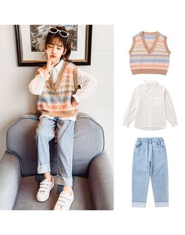 [보리보리]  여아 주니어 보헤미안 봄 가을 청바지 상하 초등학생 조끼 3종세트