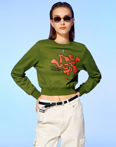 DEVIL HEAD LOGO CROP SWEATSHIRT-OLIVE