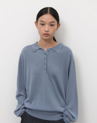 WOOL SILK POLO KNIT / SAND BLUE