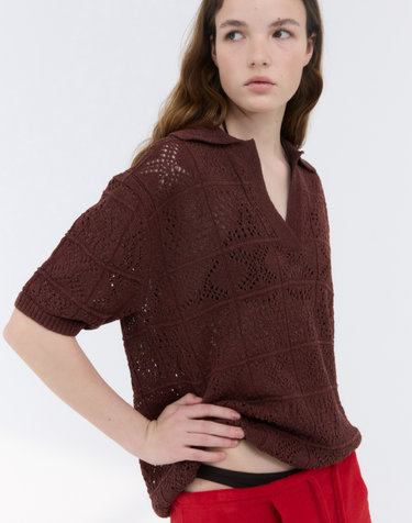 CROCHET KNIT COLLAR TOP / BROWN