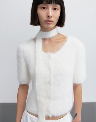 TIE-DETAILED MINK YARN CARDIGAN / WHITE