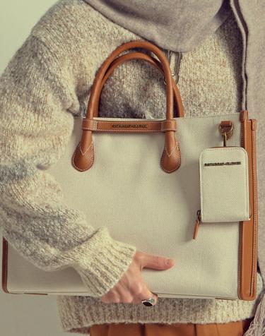 NO.6 TWO-TONE CANVAS AND LEATHER BRIDGE TOTE BAG - BROWN IVORY