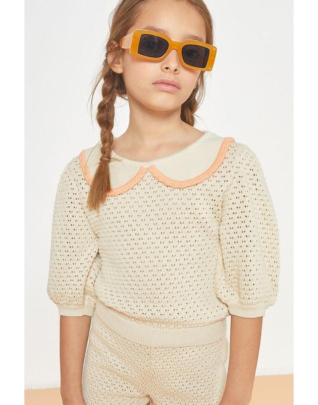 미포넷 [MIPOUNET] 미포넷 키즈 니트탑 CAROLA COLLARED OPENWORK SWEATER MPV24.822.KNI002.10 착용컷