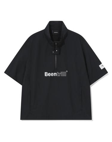 우먼스 에센셜 베이직 우븐 하프집업 숏슬리브(블랙)_BA262WT302BK