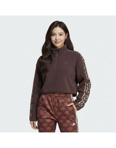 아디다스 애니멀 프린트 플리스 후리스 크롭 반집업 탑 브라운 IY5010