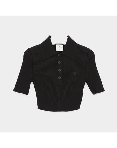 꾸레쥬 로고 버튼 카라 크롭 반팔 여성 니트 125MP0046FI0001 9999