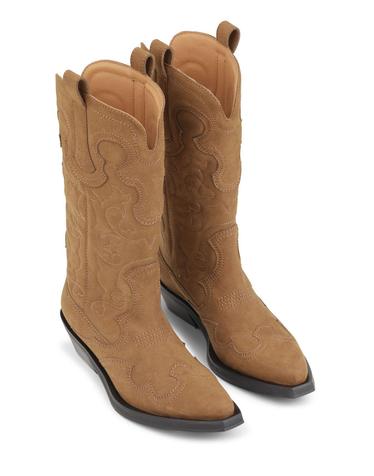 24FW GANNI 가니 Brown Suede Mid Shaft Embroidered Western Boots S2742