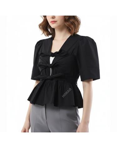 가니 26 Black Stretch Cotton Tie Strap Blouse W0378 099 블랙 스트레치 코튼 타이스트랩 블라우스